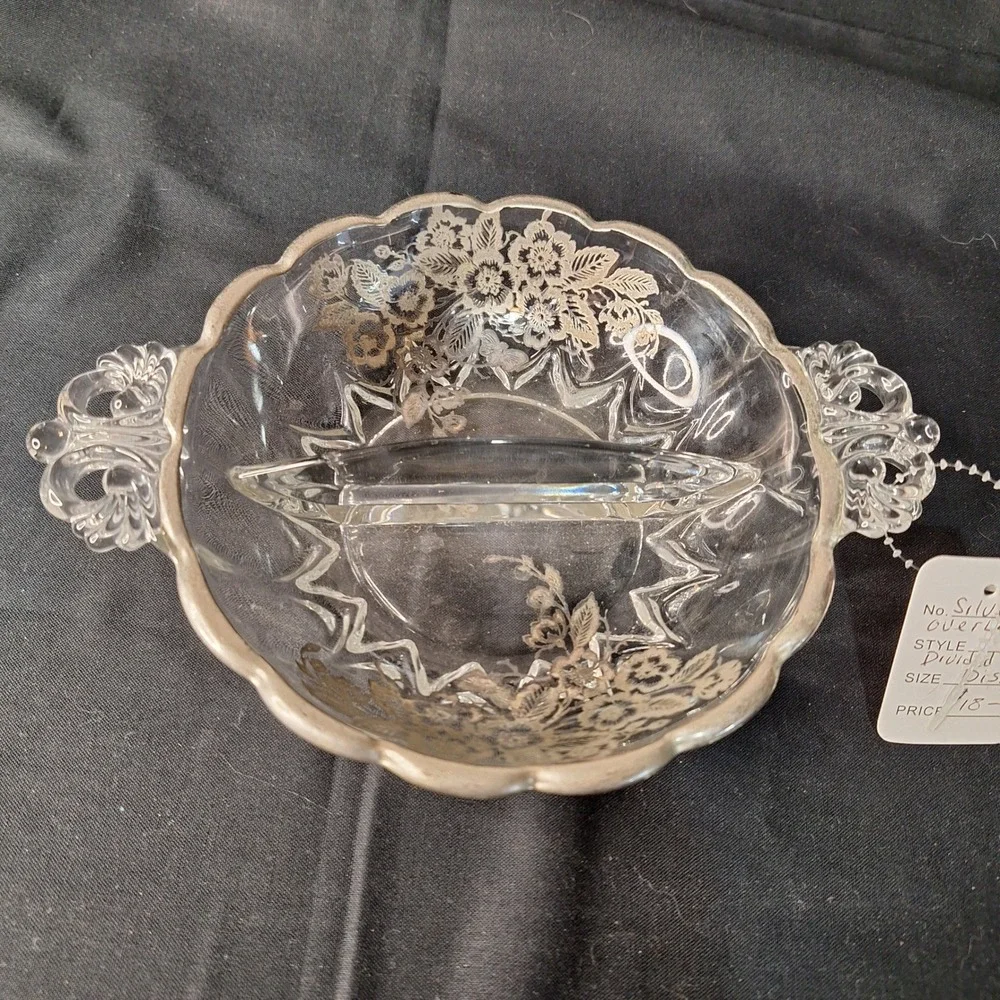 Vintage Silver Overlay Divided‎ Relish Dish Floral Scalloped Candy Bowl 8